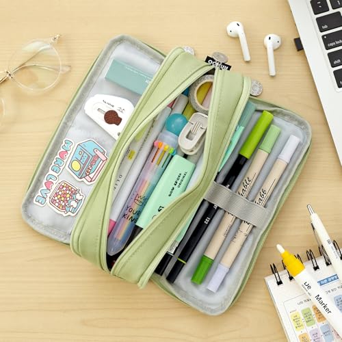 CICIMELON Large Capacity Pencil Case 3 Compartment Pouch Pen Bag for School Teen Girl Boy Men Women (Green) - Image 2