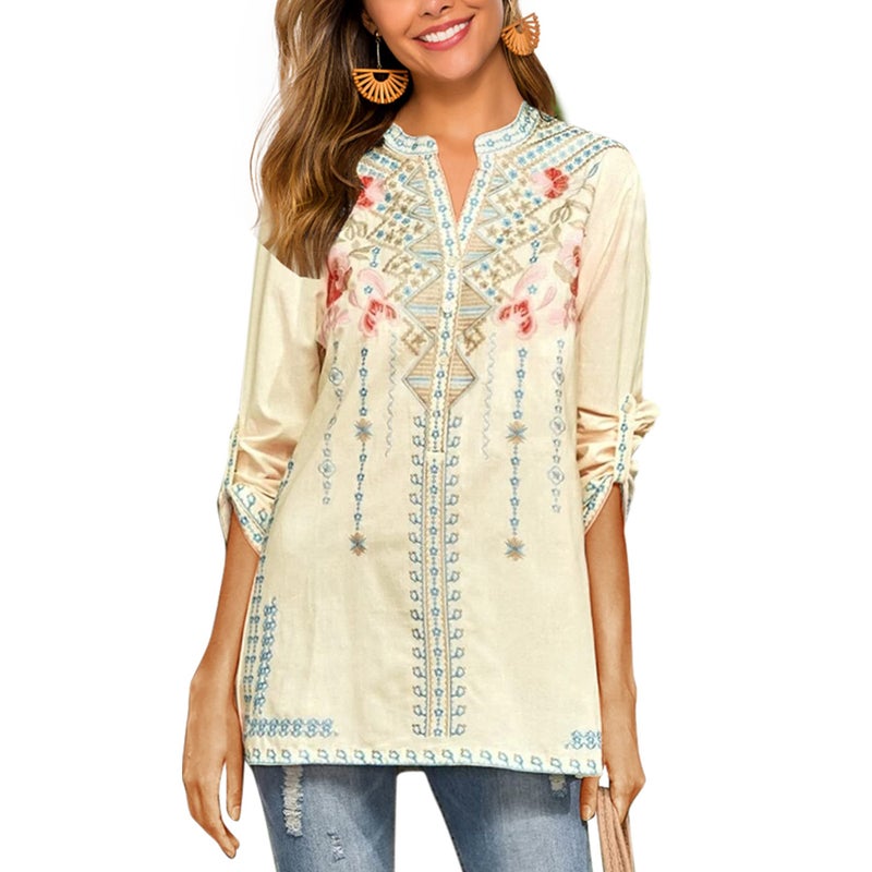 AK Women's Embroidered Tops for Women Mexican Boho Peasant Blouses V Neck Loose Tunic Hippie Casual Summer Shirts (Small, 127-Yellow) - Image 1