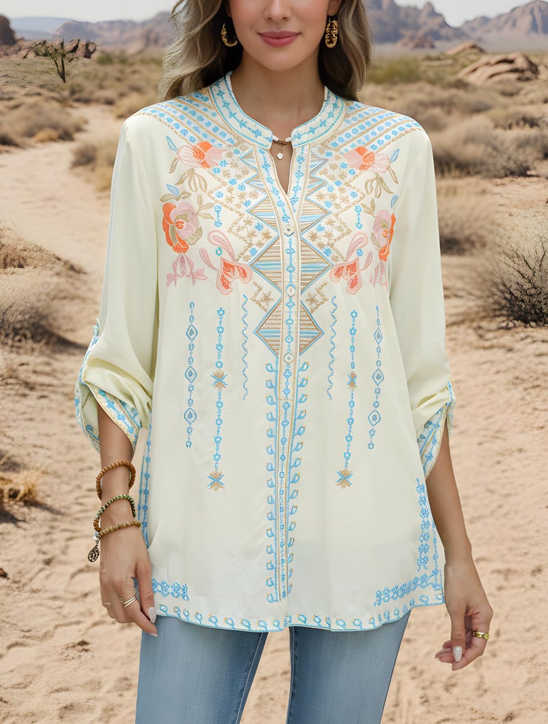 AK Women's Embroidered Tops for Women Mexican Boho Peasant Blouses V Neck Loose Tunic Hippie Casual Summer Shirts (Small, 127-Yellow) - Image 2