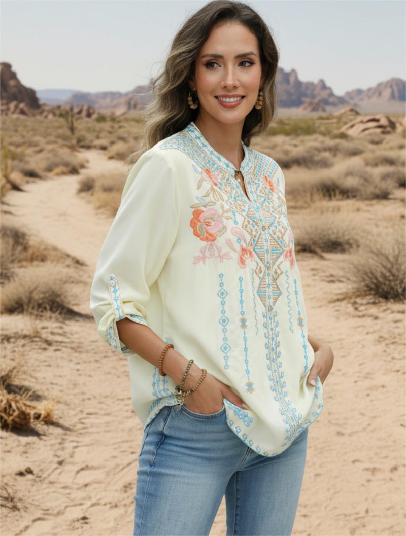 AK Women's Embroidered Tops for Women Mexican Boho Peasant Blouses V Neck Loose Tunic Hippie Casual Summer Shirts (Small, 127-Yellow) - Image 3