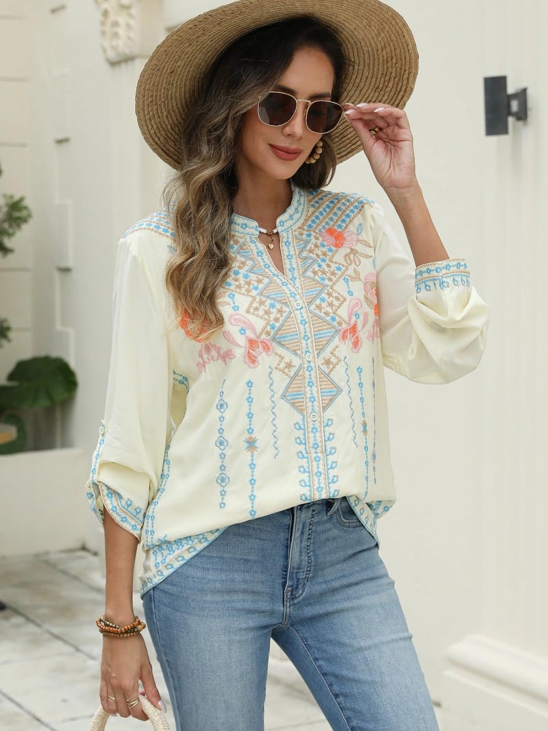AK Women's Embroidered Tops for Women Mexican Boho Peasant Blouses V Neck Loose Tunic Hippie Casual Summer Shirts (Small, 127-Yellow) - Image 5