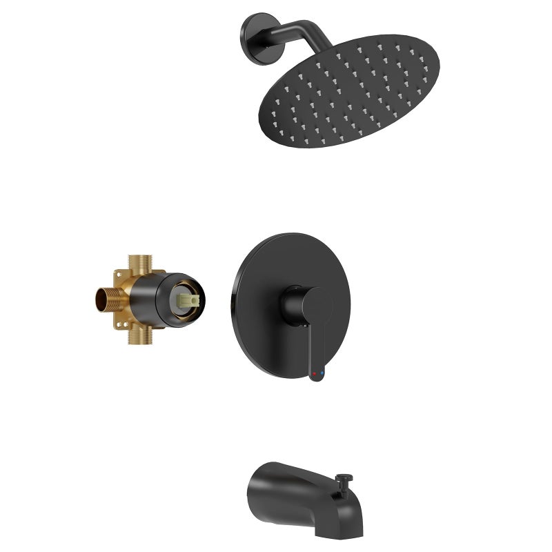 Kurpot Tub Shower Faucet Set 8 Inch Matte Black Shower Head And Handle Set High Pressure Bathtub Shower Faucet With Valve Tub Spout And Trim Kit Bathroom Shower Faucet Sets Complete Black - Image 1