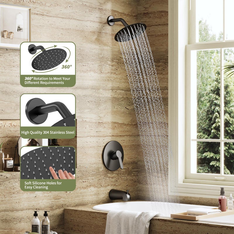 Kurpot Tub Shower Faucet Set 8 Inch Matte Black Shower Head And Handle Set High Pressure Bathtub Shower Faucet With Valve Tub Spout And Trim Kit Bathroom Shower Faucet Sets Complete Black - Image 4