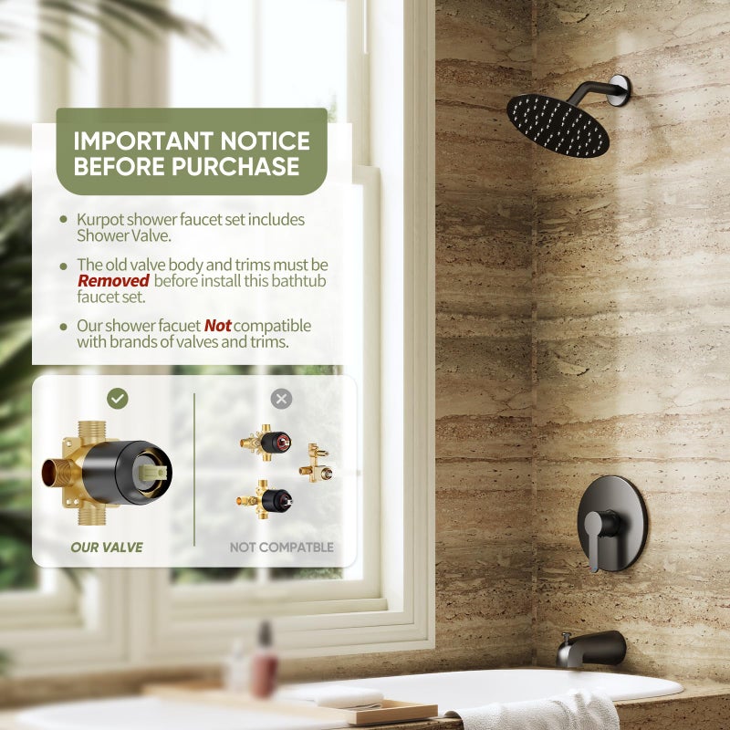 Kurpot Tub Shower Faucet Set 8 Inch Matte Black Shower Head And Handle Set High Pressure Bathtub Shower Faucet With Valve Tub Spout And Trim Kit Bathroom Shower Faucet Sets Complete Black - Image 2
