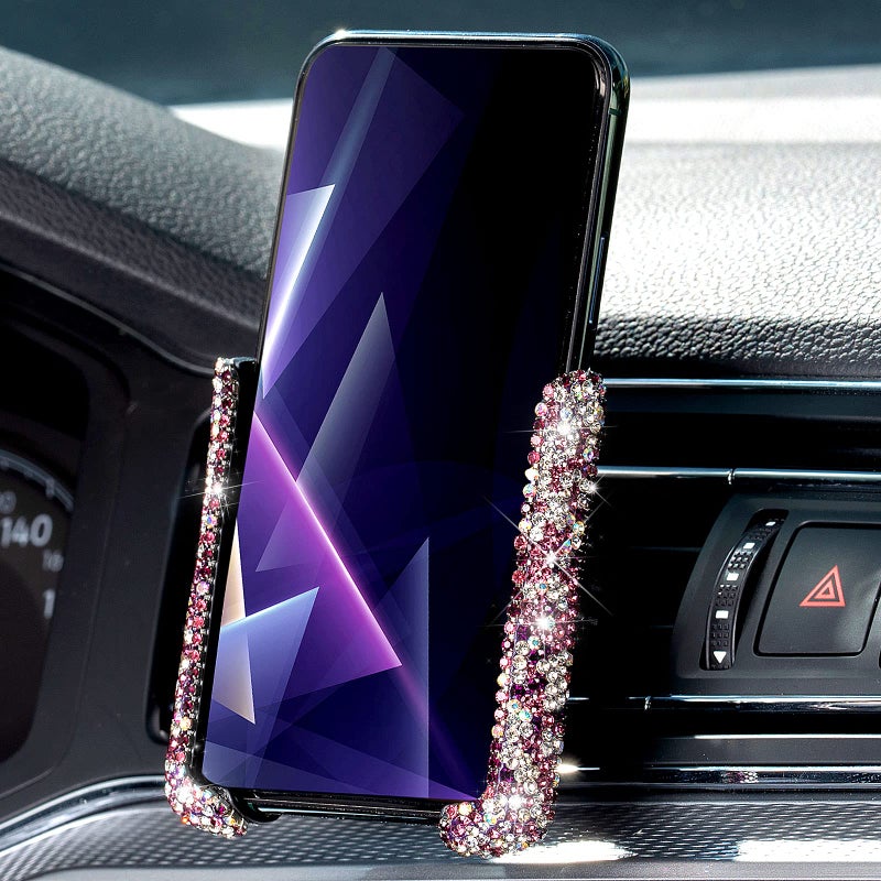 Frienda Bling Car Phone Holder Mini Car Air Vent Cellphone Mount 360 Adjustable Automatic Car Stand Phone Holder Rhinestone Crystal Convenient Universal Car Accessories for WomenPurple - Image 3