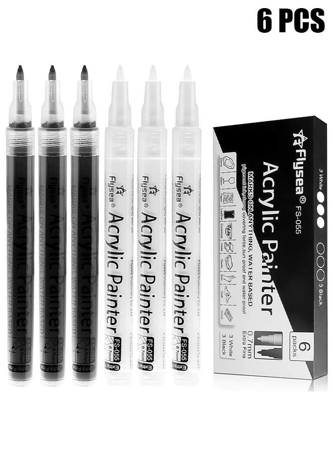 Flysea - Paint Pens White Black Marker, 6 Pack 0.7mm Acrylic Black Permanent Marker ,White Paint Pens for Rock Painting Stone Ceramic Glass Plastic Glass Metal Canvas Water-based Extra Fine Point - Image 1