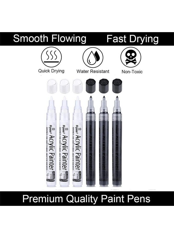 Flysea - Paint Pens White Black Marker, 6 Pack 0.7mm Acrylic Black Permanent Marker ,White Paint Pens for Rock Painting Stone Ceramic Glass Plastic Glass Metal Canvas Water-based Extra Fine Point - Image 1