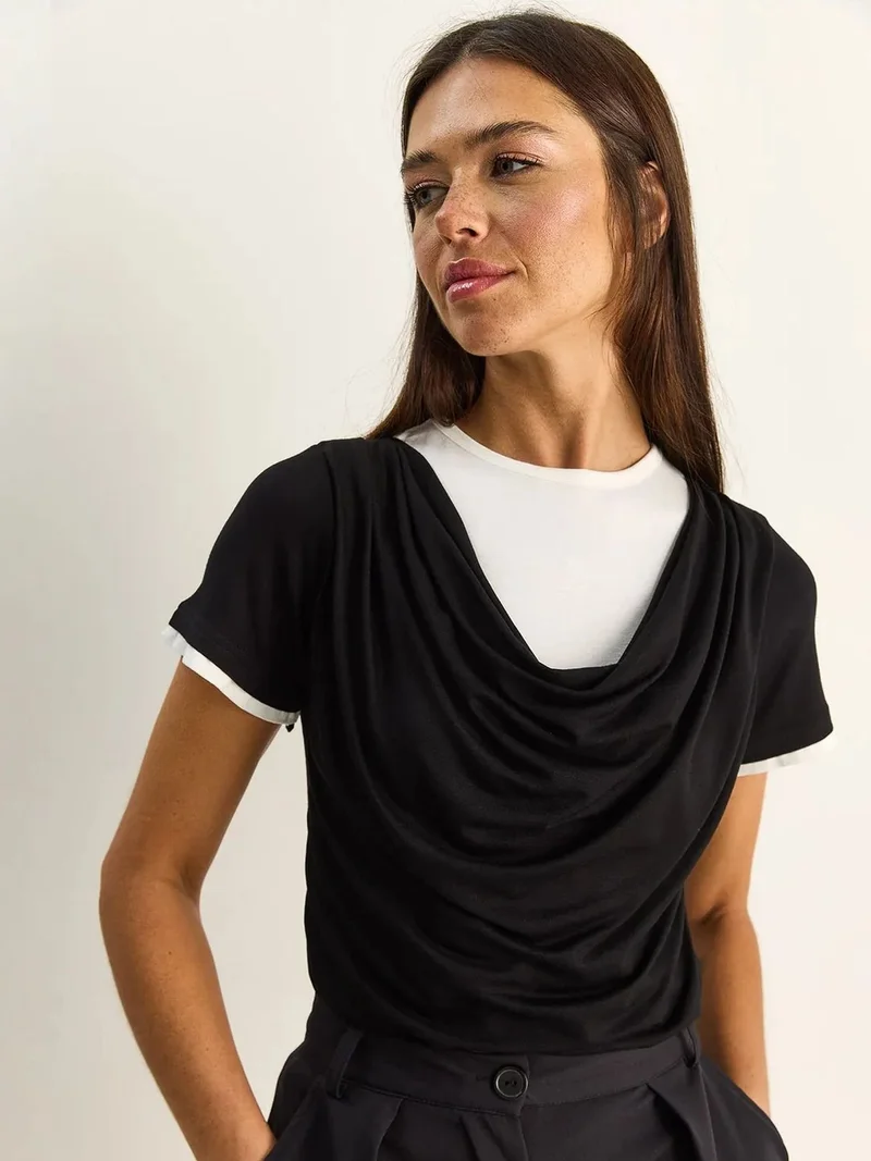 Bianco Lucci LUCCI Women's Cowl Neck Short Sleeve T-Shirt