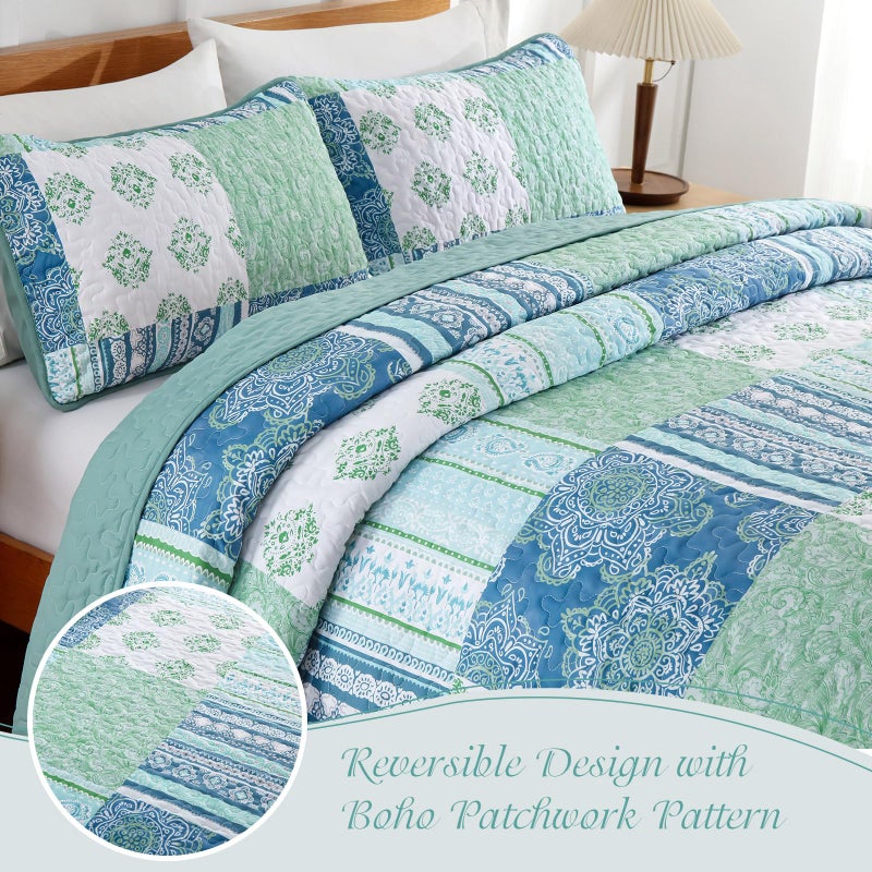 Dintszyayue Green Quilt Set King Size, Boho Plaid Patchwork Bedspreads Coverlet Set,3 Pieces Soft Lightweight Microfiber Quilt Bedding Set for All Seasons,1 Quilt and 2 Pillow Shams-104 x90 - Image 4