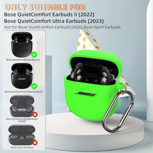 WOFRO Case for Bose QuietComfort Earbuds II(2022)& New Bose QuietComfort Ultra Case (2023), WOFRO Silicone Protective Skin Cover for New Bose QuietComfort Earbuds 2 Accessories with Carabiner (Glow Green) - Image 2
