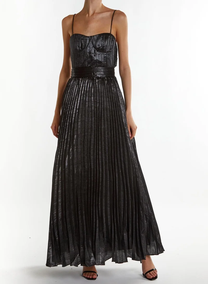 Kate Black-Crinkle Pleated Strappy Maxi Dress