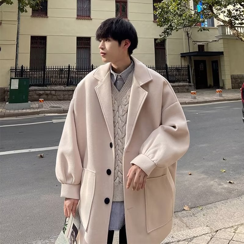 Woolen Coat Mens Autumn and Winter Thickened Mid-length Loose oversize Coat Hong Kong-style Trendy Casual Woolen Coat M20 Apricot - Image 1