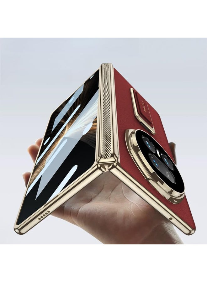 general Leather Case for Honor Magic V5 5G 【Built-in Screen Protector】 Electroplated Gold Frame Camera Hinge Protection Shockproof Cover with 270° Rotating Wristband Stand - Image 3