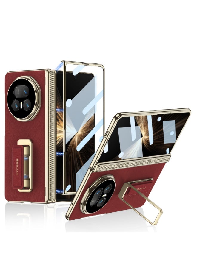 general Leather Case for Honor Magic V5 5G 【Built-in Screen Protector】 Electroplated Gold Frame Camera Hinge Protection Shockproof Cover with 270° Rotating Wristband Stand - Image 1