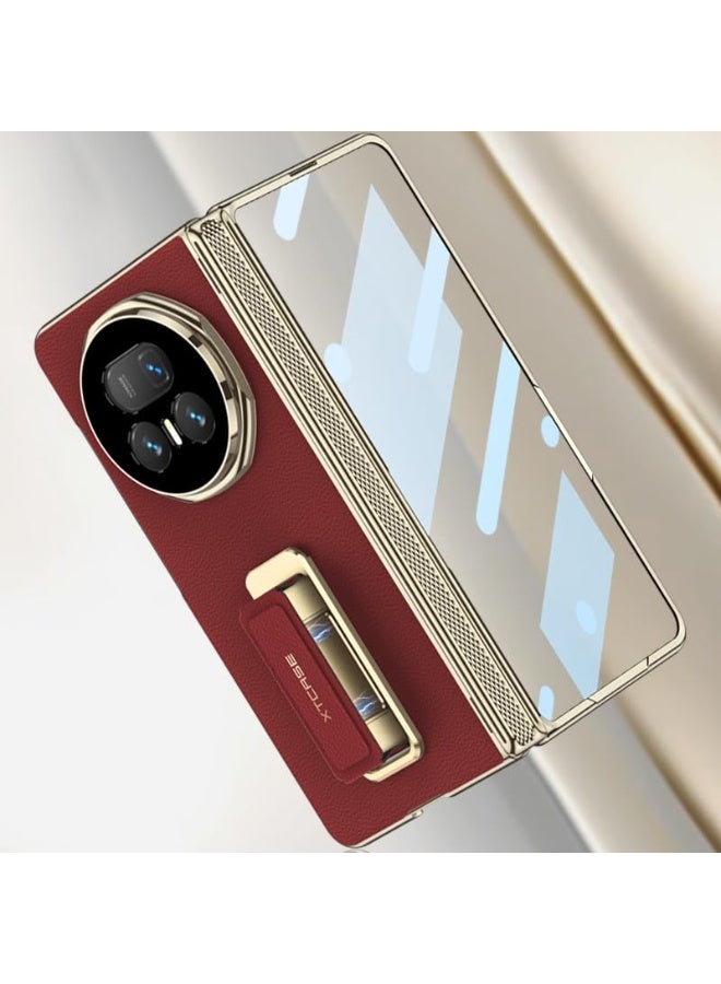 general Leather Case for Honor Magic V5 5G 【Built-in Screen Protector】 Electroplated Gold Frame Camera Hinge Protection Shockproof Cover with 270° Rotating Wristband Stand - Image 2