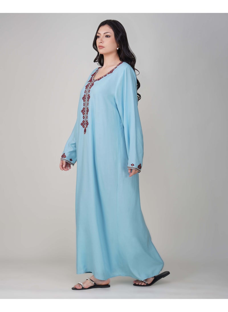 LINELLE جلابية لينيل للسيدات - فستان رايون أزرق بأكمام كاملة مع تفاصيل تطريز على الرقبة والأكمام - Image 4