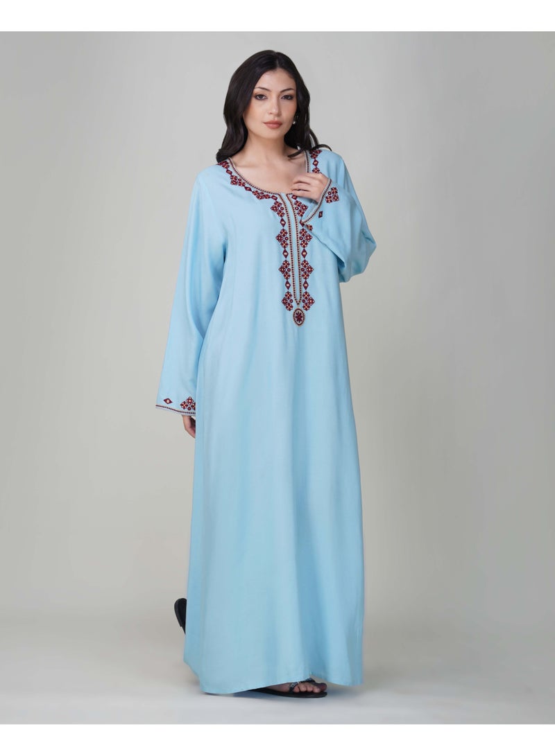 LINELLE جلابية لينيل للسيدات - فستان رايون أزرق بأكمام كاملة مع تفاصيل تطريز على الرقبة والأكمام - Image 1