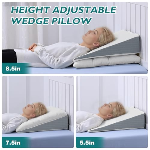 TANYOO Bed Wedge Pillow for Sleep Apnea 7.5Inch Gerd Pillow Patent Dual Layer Triangle Pillow Adjustable Shredded Memory Foam Topper Soft Support Ideal for Acid Reflux, After Surgery, Snoring - Image 4