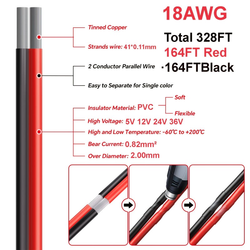 20 AWG سلك ثنائي اللون (أحمر وأسود) من النحاس المعلب مع زوج مجدول وأنابيب انكماش حراري بطول 1181 بوصة، كابل تمديد لشريط LED بجهد 12V و24V تيار مستمر، للاستخدامات الكهربائية في السيارات. - Image 3