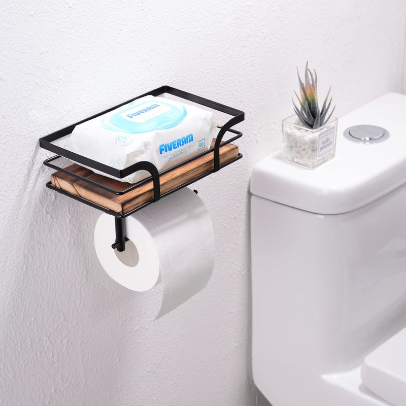 AIDILI AIDILI Rustic Farmhouse Toilet Paper Holder with Shelf - Farmhouse Bathroom Rustic Country Decor - Rustic Bathroom Accessories with Warm Brown Wood Shelf for Wipes&Cell Phone&Reading  Black Metal - Image 4