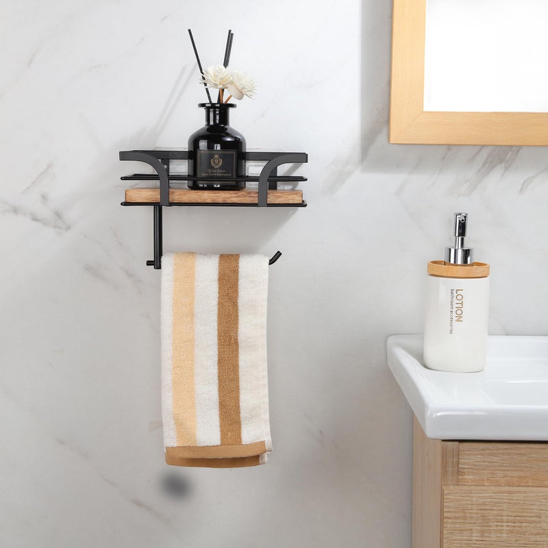 AIDILI AIDILI Rustic Farmhouse Toilet Paper Holder with Shelf - Farmhouse Bathroom Rustic Country Decor - Rustic Bathroom Accessories with Warm Brown Wood Shelf for Wipes&Cell Phone&Reading  Black Metal - Image 5