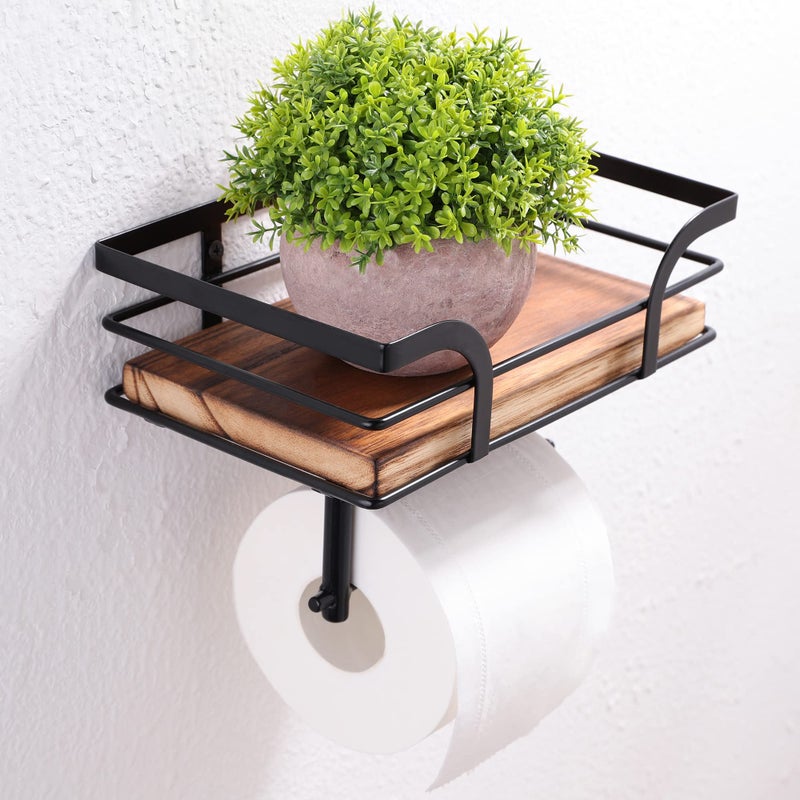 AIDILI AIDILI Rustic Farmhouse Toilet Paper Holder with Shelf - Farmhouse Bathroom Rustic Country Decor - Rustic Bathroom Accessories with Warm Brown Wood Shelf for Wipes&Cell Phone&Reading  Black Metal - Image 3