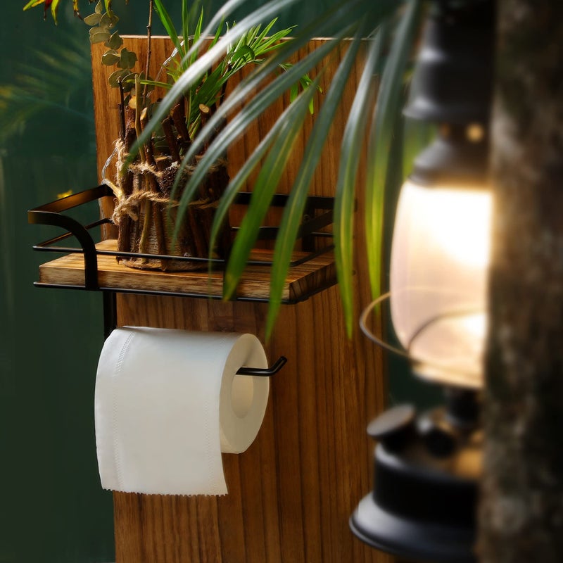 AIDILI AIDILI Rustic Farmhouse Toilet Paper Holder with Shelf - Farmhouse Bathroom Rustic Country Decor - Rustic Bathroom Accessories with Warm Brown Wood Shelf for Wipes&Cell Phone&Reading  Black Metal - Image 2