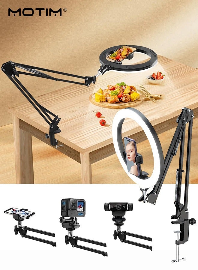 Motim Desk Photography Stand with 10'' Fill Light for Phone/Camera, Overhead Phone Mount, Adjustable Desk Arm Stand, Desktop Stand with Remote Control for YouTube Starter Live Stream Cooking Painting Nail  - Image 1