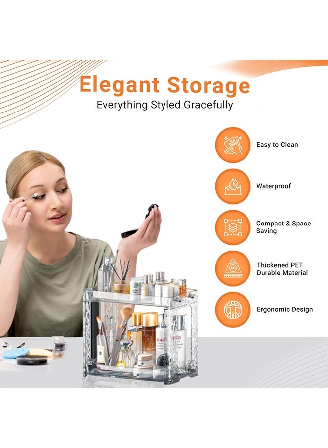 يلا جوي منظم عطور ومكياج من طبقتين، قابل للحمل، مناسب للحمام ومستحضرات التجميل، مناسب للعناية بالبشرة، والإكسسوارات، بتصميم موفر للمساحة للزوايا والخزائن (شفاف) - Image 3
