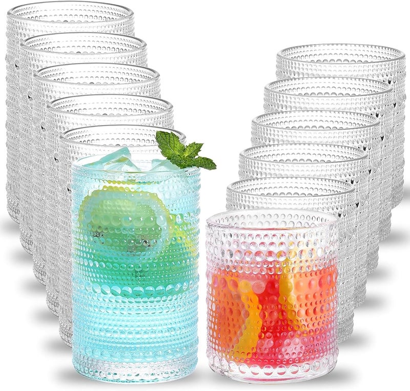 TAJZYX Hobnail Drinking Glasses Set of 12, Vintage Drinking Glasses,12 oz Highball Glasses & 10 oz Cocktail Glasses Set, Durable Glass Cups with Smooth Interior - Dishwasher-Safe ,Home, Parties & Daily Use - Image 1