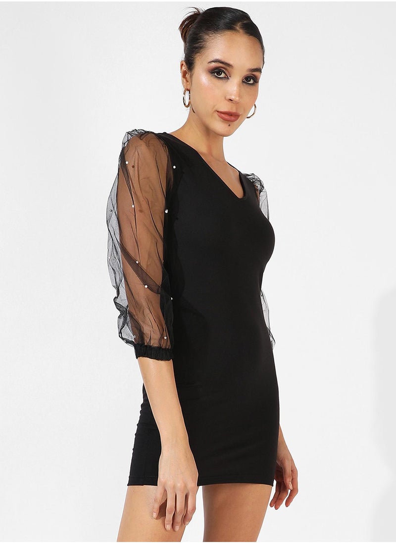 Women's Solid Black Dress With Sheer Sleeves - pzsku/ZDD7F8BA19E4FB081077AZ/45/_/1741611091/a3c78b6e-8b62-4159-a0fc-e434f96af65f