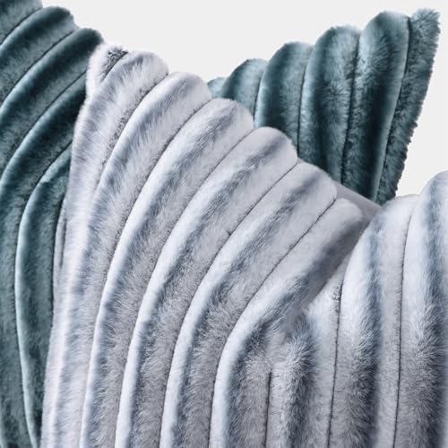 decorUhome Cozy Faux Fur Throw Pillow Covers 18x18 Set of 2 Decorative Soft Plush Striped Modern Farmhouse Boho Couch Pillow Cases with Velvet Back for Sofa Bed Living Room Blue Grey - Image 3