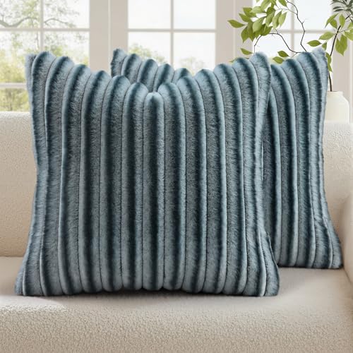 decorUhome Cozy Faux Fur Throw Pillow Covers 18x18 Set of 2 Decorative Soft Plush Striped Modern Farmhouse Boho Couch Pillow Cases with Velvet Back for Sofa Bed Living Room Blue Grey - Image 1