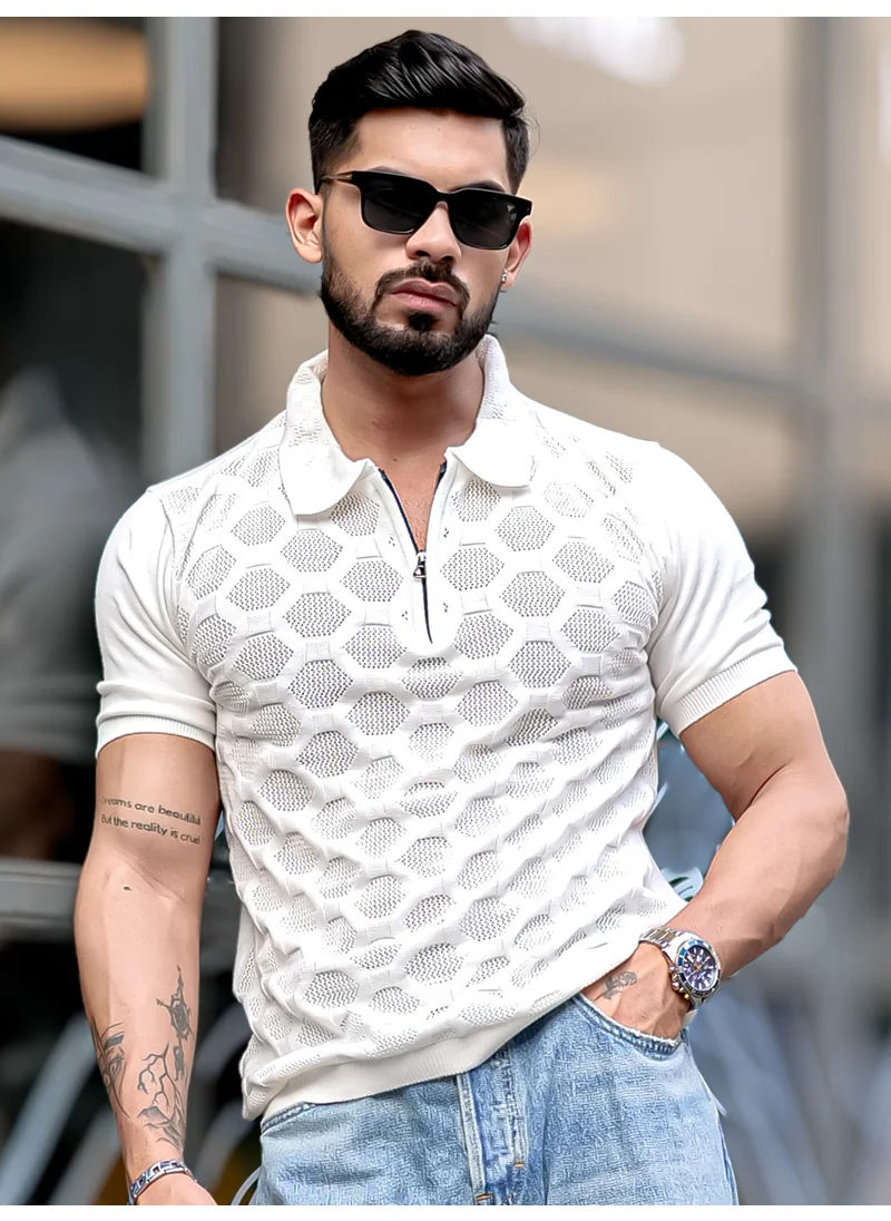 مانياك Maniac Mens Solid Textured Half Zip Polo Neck Half Sleeve White Cotton T-Shirt