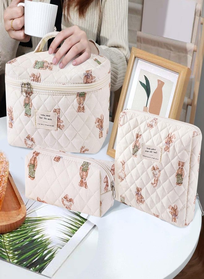 Everfunny 3 Pcs Cotton Quilted Makeup Bag Set, Floral Cotton Cosmetic Bag, Aesthetic Toiletry Travel Organizer Bag for Women Girls (Bear) - Image 5
