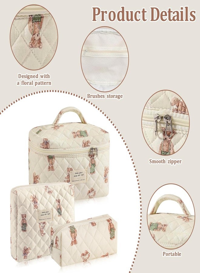 Everfunny 3 Pcs Cotton Quilted Makeup Bag Set, Floral Cotton Cosmetic Bag, Aesthetic Toiletry Travel Organizer Bag for Women Girls (Bear) - Image 3