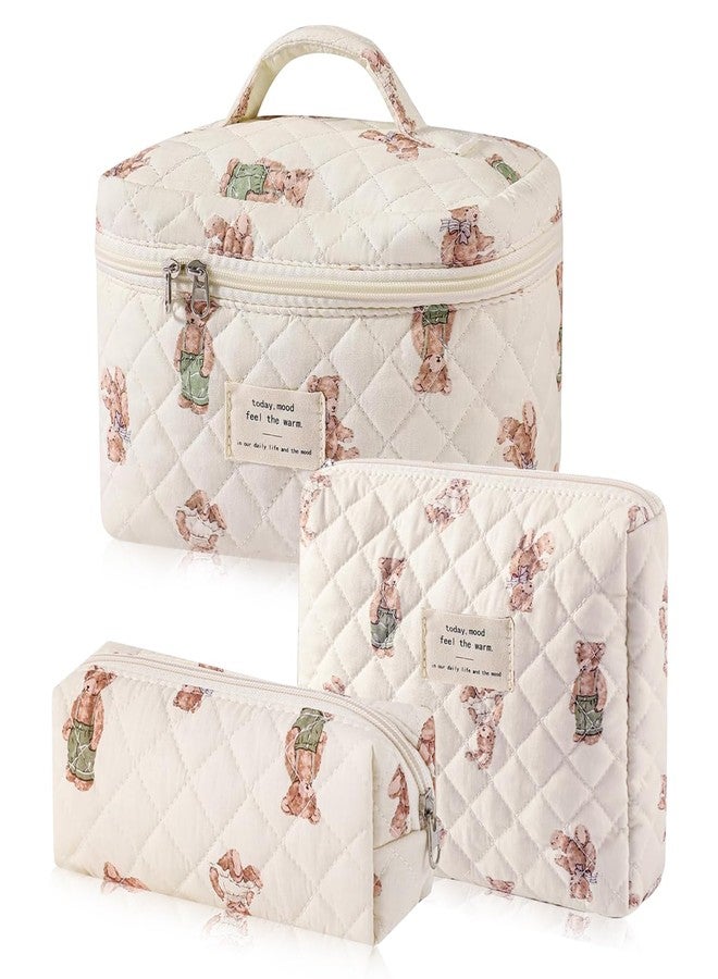 Everfunny 3 Pcs Cotton Quilted Makeup Bag Set, Floral Cotton Cosmetic Bag, Aesthetic Toiletry Travel Organizer Bag for Women Girls (Bear) - Image 1