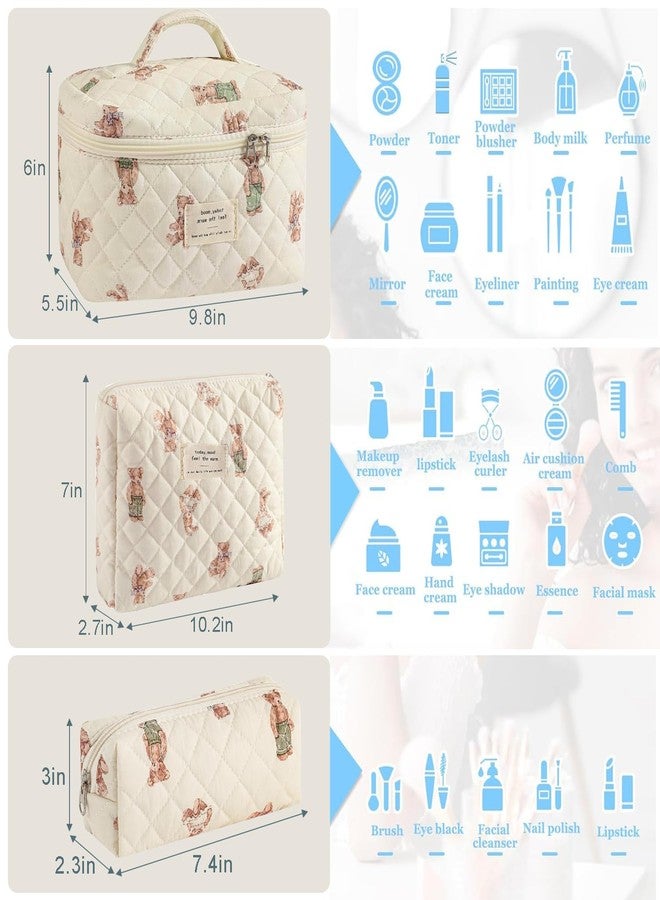 Everfunny 3 Pcs Cotton Quilted Makeup Bag Set, Floral Cotton Cosmetic Bag, Aesthetic Toiletry Travel Organizer Bag for Women Girls (Bear) - Image 4