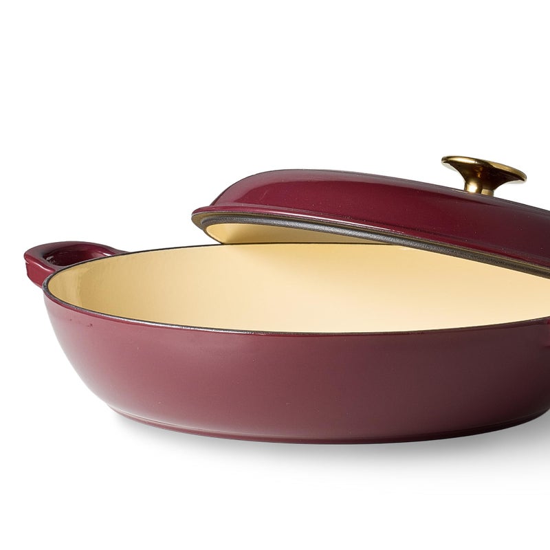 CAROTE 3.4QT Enameled Cast Iron Braiser Pan, Shallow Dutch Oven Casserole Skillets, Non-Toxic Cast Iron Pot with Lid for Grilling, Searing, Baking, Dual Handles, All Stovetop Compatible, Fig - Image 3