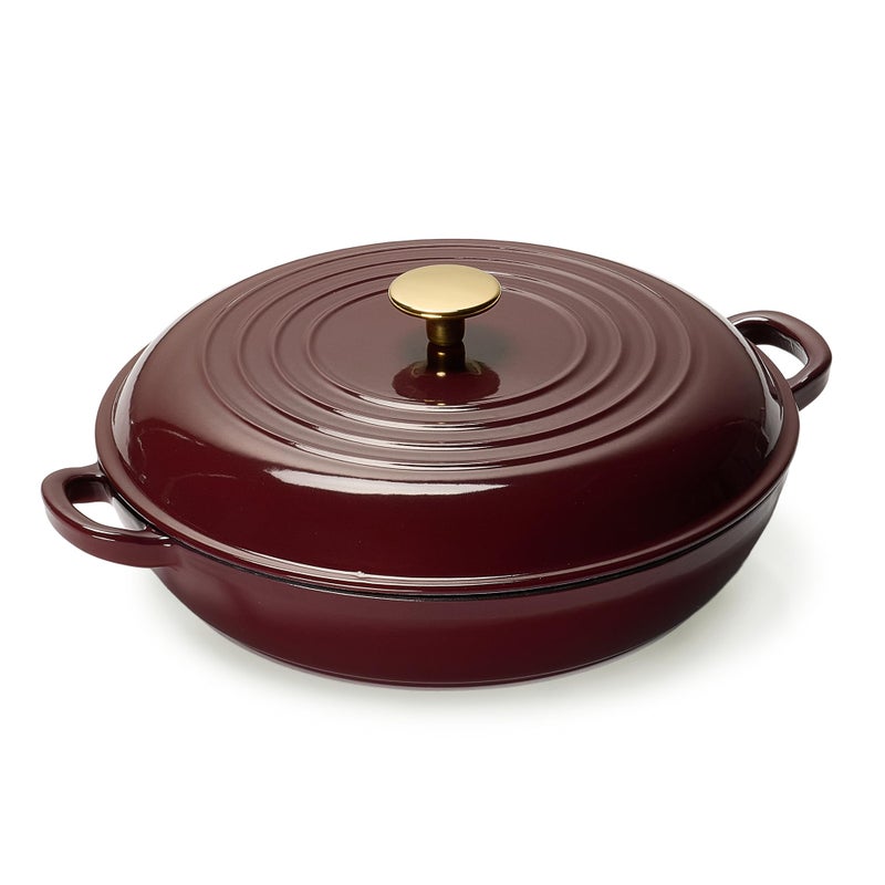 CAROTE 3.4QT Enameled Cast Iron Braiser Pan, Shallow Dutch Oven Casserole Skillets, Non-Toxic Cast Iron Pot with Lid for Grilling, Searing, Baking, Dual Handles, All Stovetop Compatible, Fig - Image 1