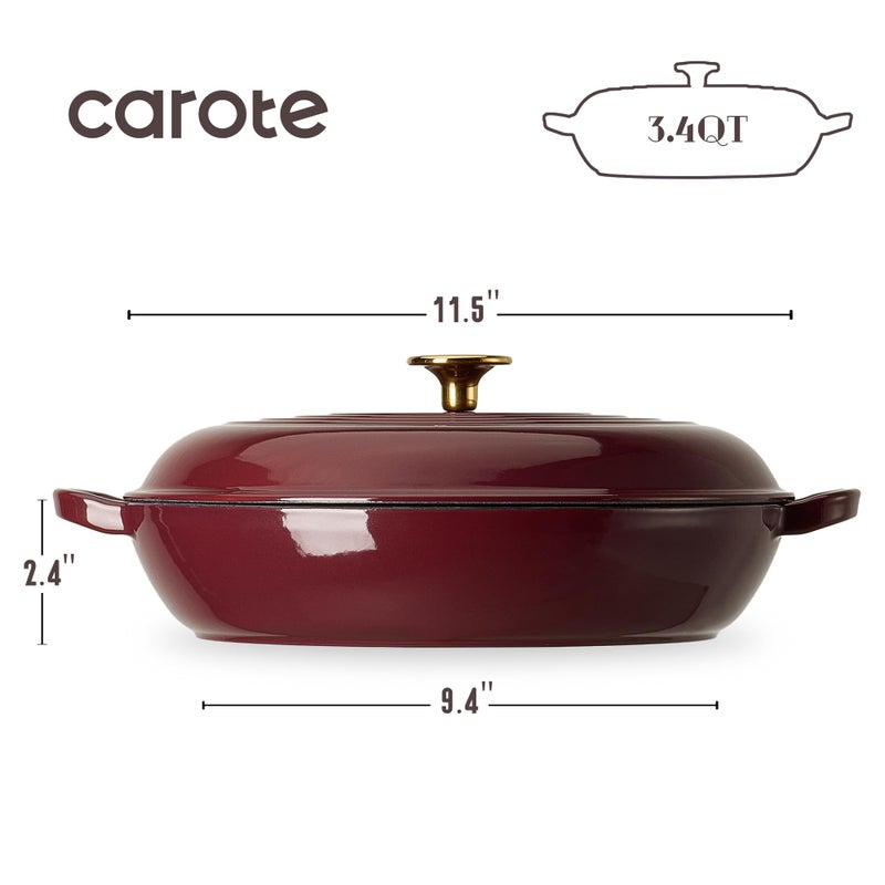 CAROTE 3.4QT Enameled Cast Iron Braiser Pan, Shallow Dutch Oven Casserole Skillets, Non-Toxic Cast Iron Pot with Lid for Grilling, Searing, Baking, Dual Handles, All Stovetop Compatible, Fig - Image 2