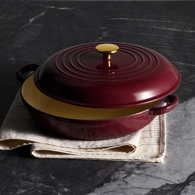 CAROTE 3.4QT Enameled Cast Iron Braiser Pan, Shallow Dutch Oven Casserole Skillets, Non-Toxic Cast Iron Pot with Lid for Grilling, Searing, Baking, Dual Handles, All Stovetop Compatible, Fig - Image 5