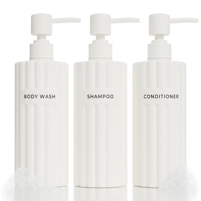 STYLISH SHAMPOO AND CONDITIONER DISPENSER SET OF 3 MODERN 19OZ SHOWER SOAP BOTTLES WITH PUMP AND LABELS EASY TO REFILL BODY WASH DISPENSERS FOR AN INSTANT BATHROOM DECOR UPGRADE