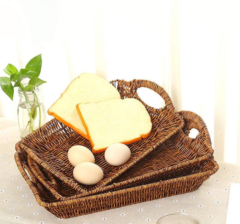 TOPZEA 3 Pack Poly Wicker Bread Basket, Farmhouse Woven Fruit Gift Baskets with Handles, Rectangular Bakery Display Flat Basket Food Serving Trays for Kitchen Counter, Coffee Bar, Brown - Image 4