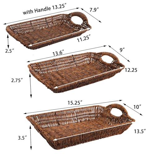 TOPZEA 3 Pack Poly Wicker Bread Basket, Farmhouse Woven Fruit Gift Baskets with Handles, Rectangular Bakery Display Flat Basket Food Serving Trays for Kitchen Counter, Coffee Bar, Brown - Image 2