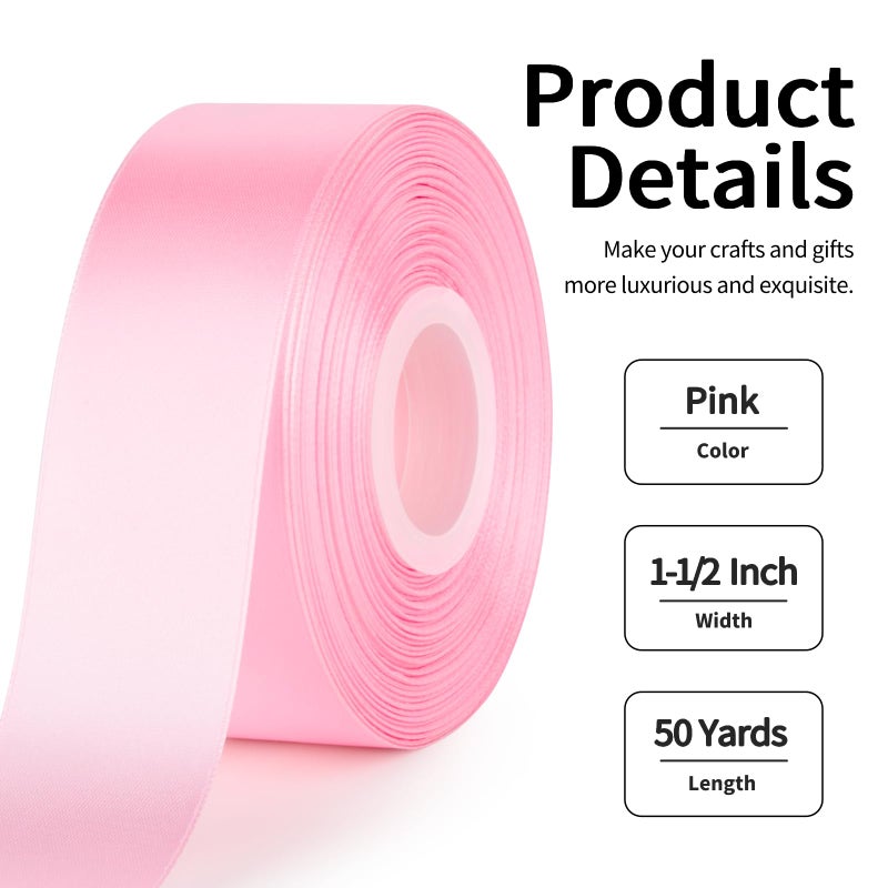 Mauproy 1-1/2 Inch Wide Pink Satin Ribbon, 50 Yards Solid Polyester Fabric Ribbon for Roses Making, Gift Wrapping, Easter, Flower Bouquets, Wedding Decorations, Handmade Crafts - Image 2
