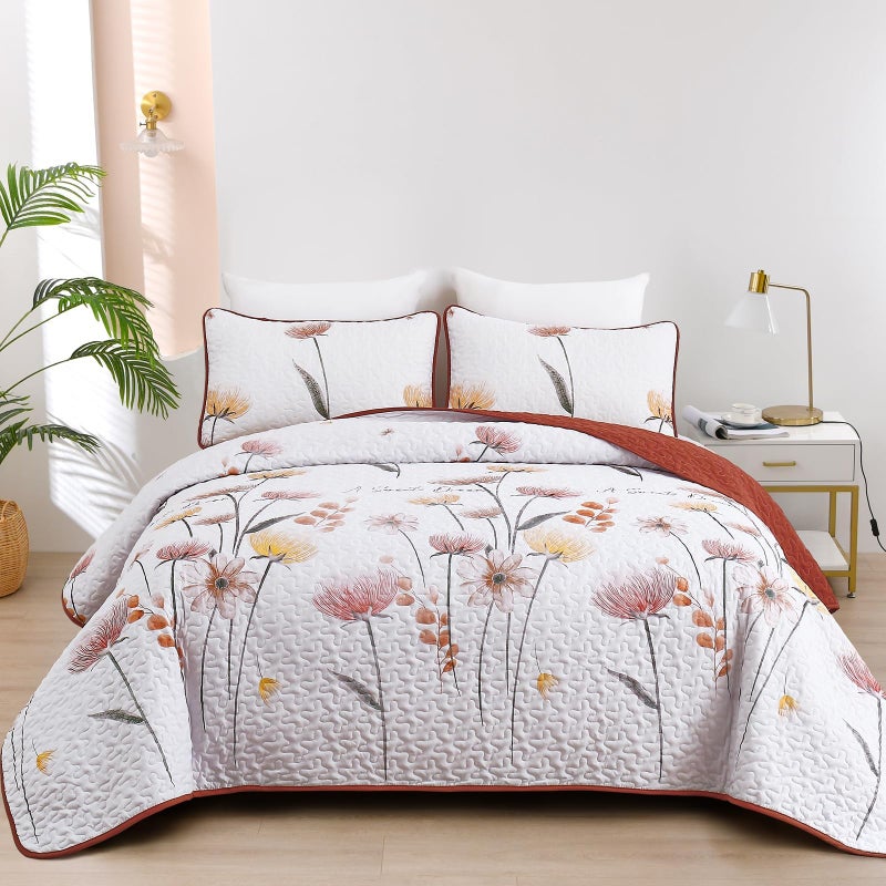 Dinjoy Floral Quilt Set California King Size,Orange Bedspread Farmhouse Bedding Set Soft Lightweight Summer Quilts 3 Piece White Oversized Bedspreads Flower Bed Sets (Cal King,112"x96") - Image 1