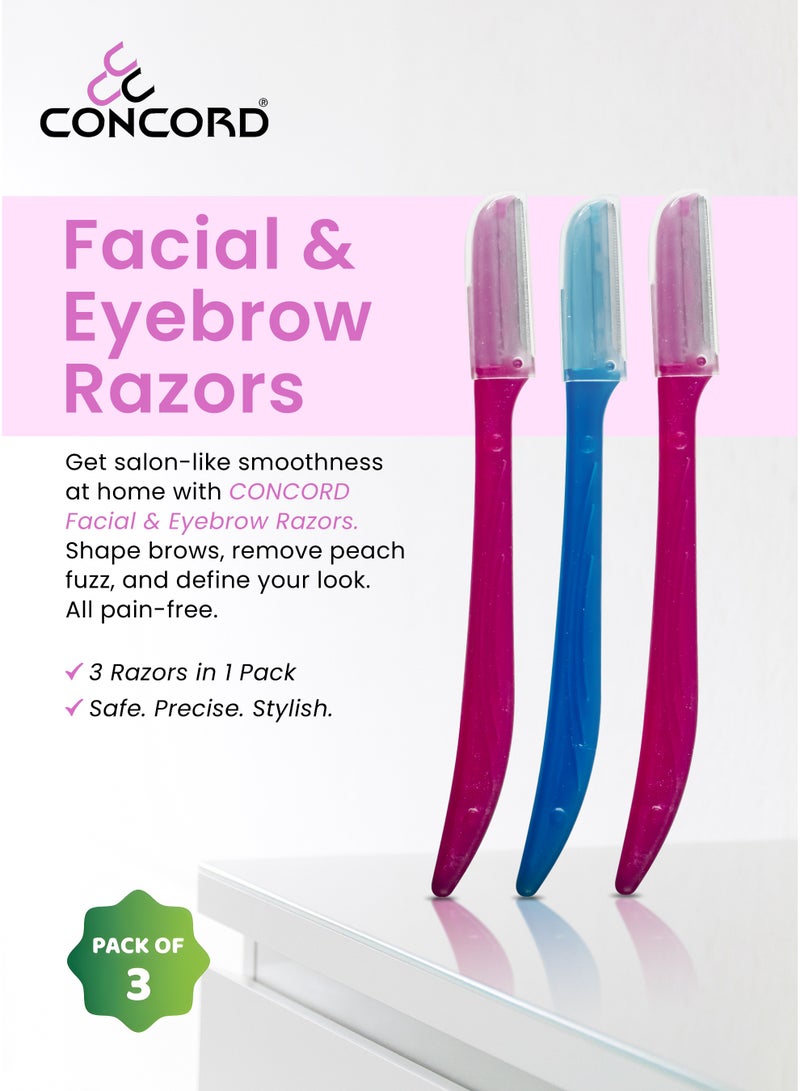 CONCORD Facial and Eyebrow Razors for Women, 3 Eyebrow Razors with 1 Precision Cover, multipurpose Facial Razors | Peach Fuzz Removal, Eyebrow Shaping and Exfoliator | Women Facial Razor