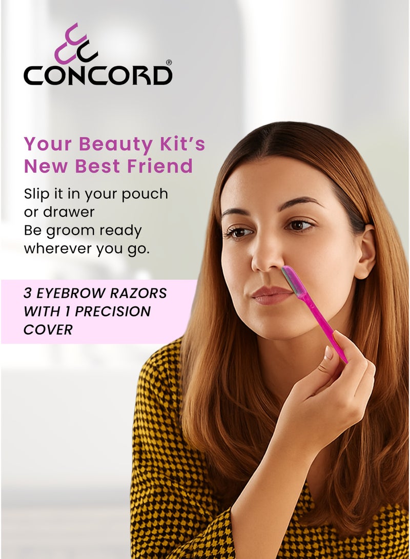 CONCORD Facial and Eyebrow Razors for Women, 3 Eyebrow Razors with 1 Precision Cover, multipurpose Facial Razors | Peach Fuzz Removal, Eyebrow Shaping and Exfoliator | Women Facial Razor