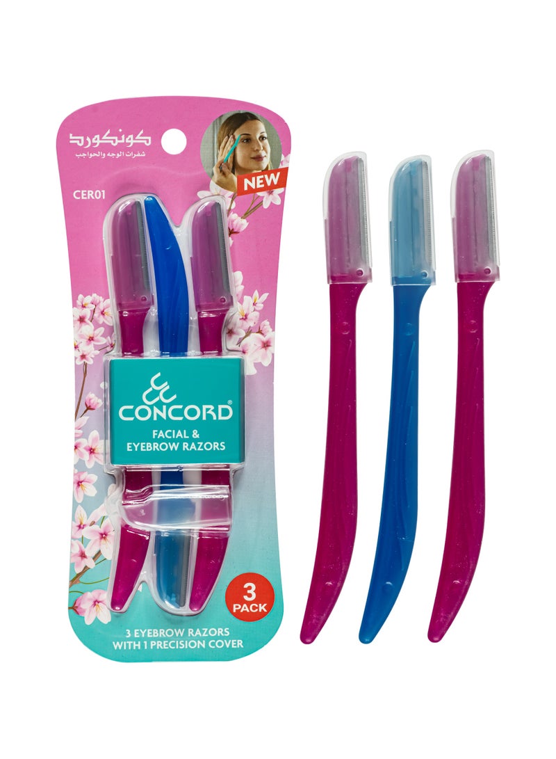 CONCORD Facial and Eyebrow Razors for Women, 3 Eyebrow Razors with 1 Precision Cover, multipurpose Facial Razors | Peach Fuzz Removal, Eyebrow Shaping and Exfoliator | Women Facial Razor